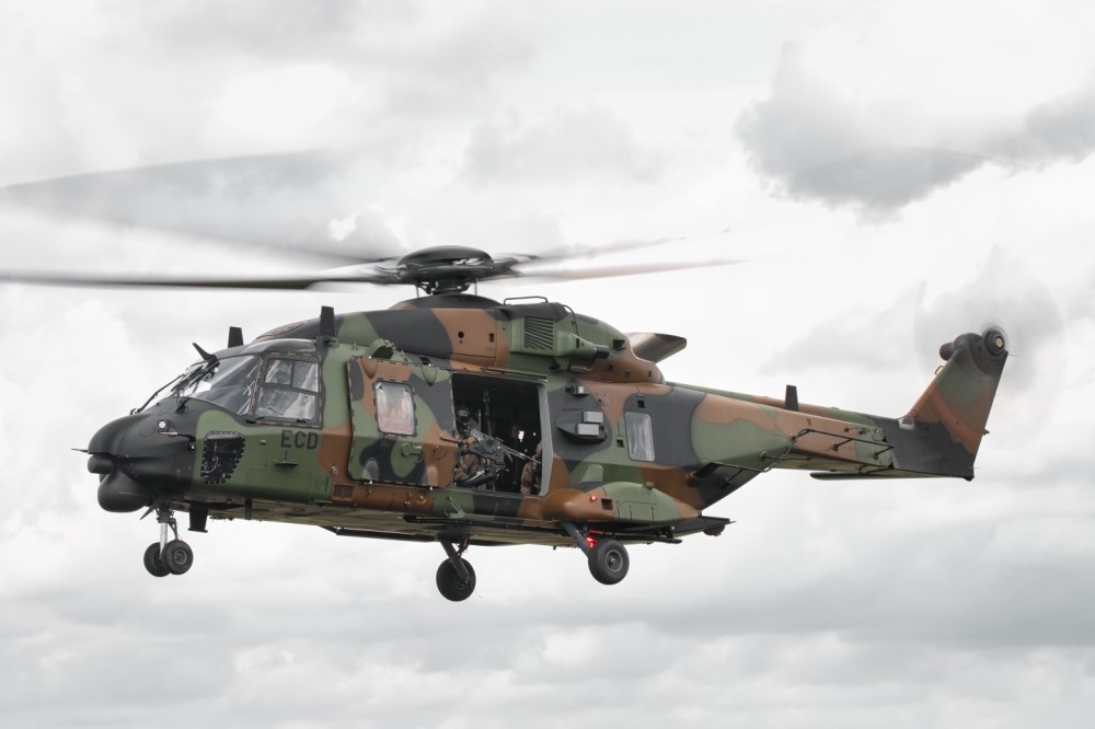 French NH-90 helicopter during NATO Tiger Meet 2024 in Schleswig, Germany. The helicopter presented himself with the Dorgunner in front of the spectators.