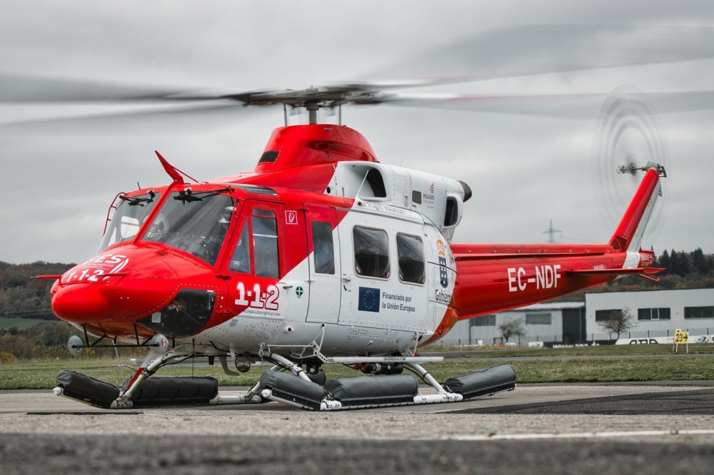 A rare visitor in Germany. A Spanish Bell412 after a tank stop at a German airfield. The Bell's from the "Pegasus Aero Group" company are serviced by a German company.