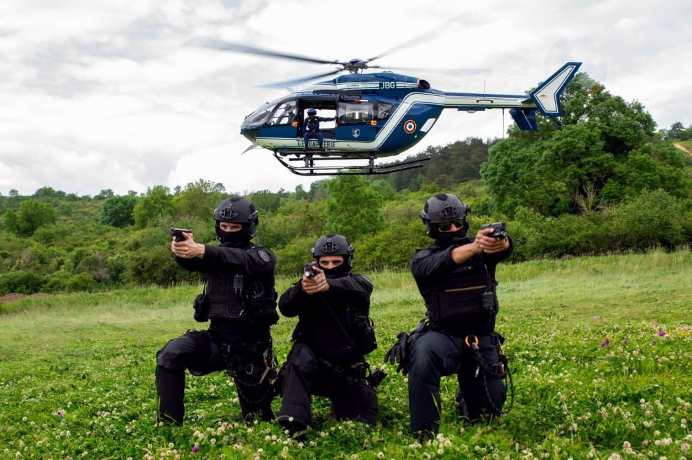 In June 2024, I could join a full day with the Special Forces of the French Police. This is the Eurocopter EC-145 9036/JBG of the Forces Aériennes de la Gendarmerie with the BRI ('Research and Intervention Brigade') during a fast-roping training exercise.