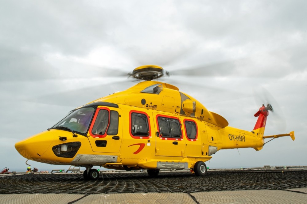 Airbus H175 of the NHV photographed at one of the oil and gas platforms in the North Sea.
The H175 helicopters are based at Esbjerg Airport in Denmark and fly people to and from these platforms every day.