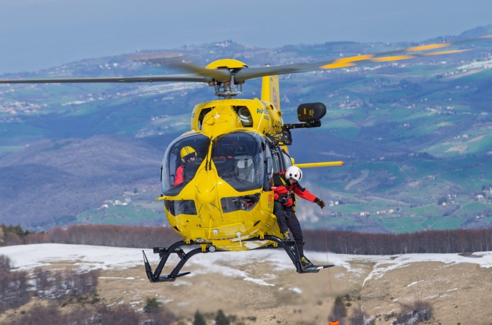 Airbus H145 Avincis  "I-HBCR" callsign "Elipavullo" in HEMS activity with the Alpine Rescue (Soccorso Alpino Emilia Romagna) at Mount Cimone 7000ft (Modena)