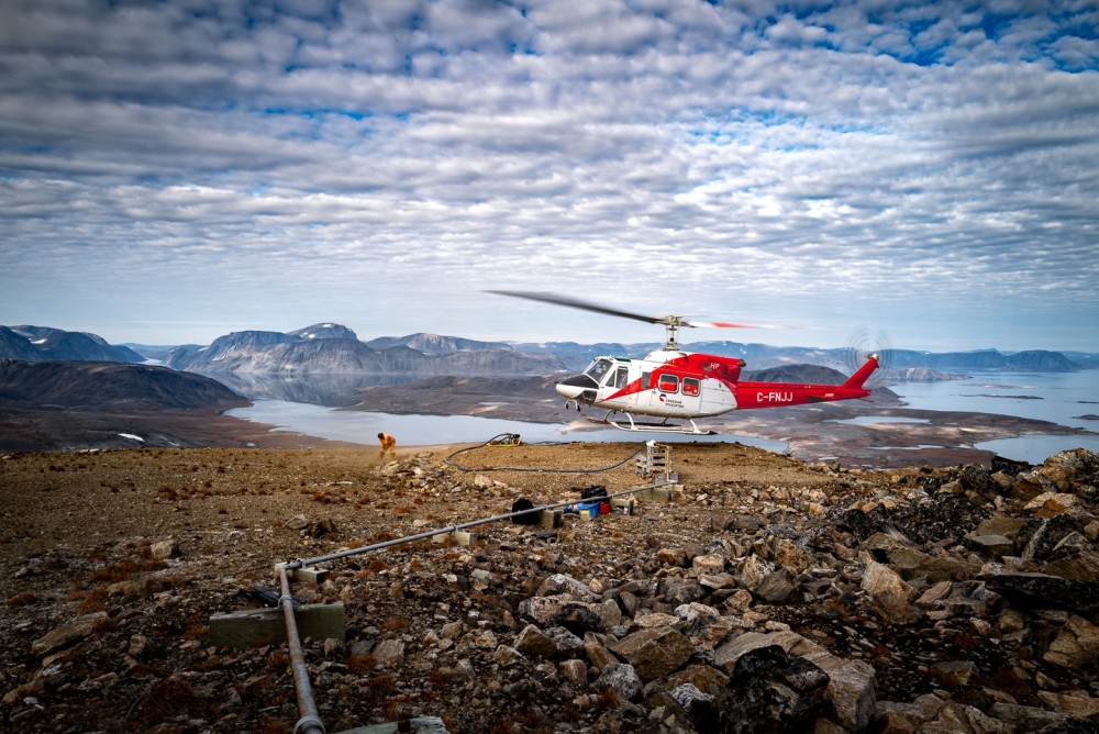 A Bell 212 HP operated by Canadian Helicopters conducting fuel haul functions to radar sites of the North Warning System throughout northern Canada. This site is located at Cape Kakiviak in Newfoundland and Labrador along the Atlantic Ocean.