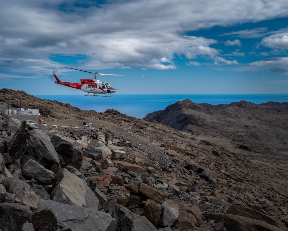 A Bell 212HP operated by Canadian Helicopters Limited conducting fuel haul operation at the North Warning System site at Cape Kiglapait, Newfoundland and Labrador.