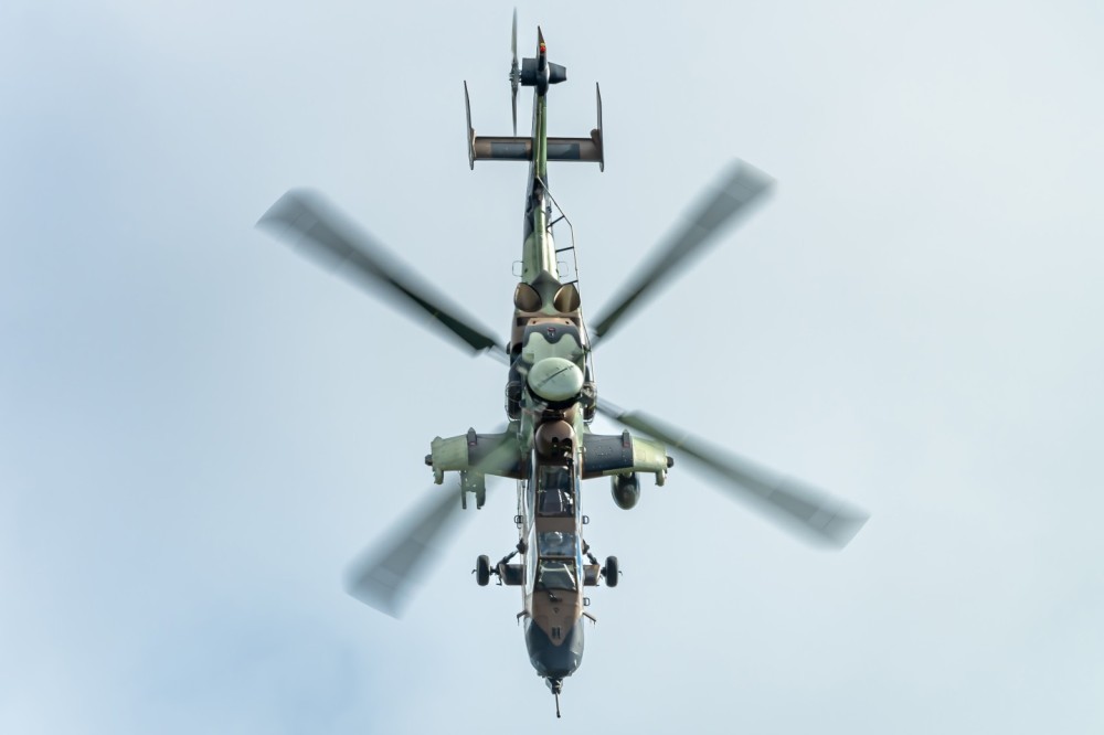 The Eurocopter Tiger twin-engine attack helicopter from the 1st Combat Helicopter Regiment of the French Army Light Aviation (ALAT) is giving an impressive demonstration of its manoeuvrability.