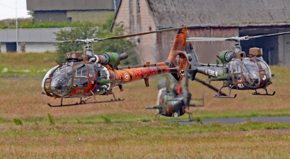 Lightweight observation helicopters SA342M of the French Army Light Aviation (Aviation légère de l’armée de Terre / ALAT) departing from Jagel Airbase for a exercise mission during the NATO Tiger Meet 2024.