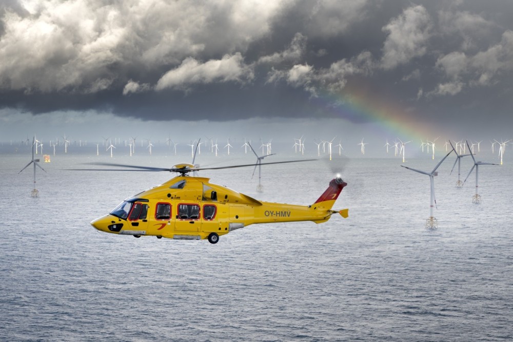 This photo, taken on November 26, 2024, above a wind farm on the Belgian coast, features an Airbus H175 operated by Noordzee Helicopters Vlaanderen (NHV), which will expand its operations with the H175 into the offshore wind sector.