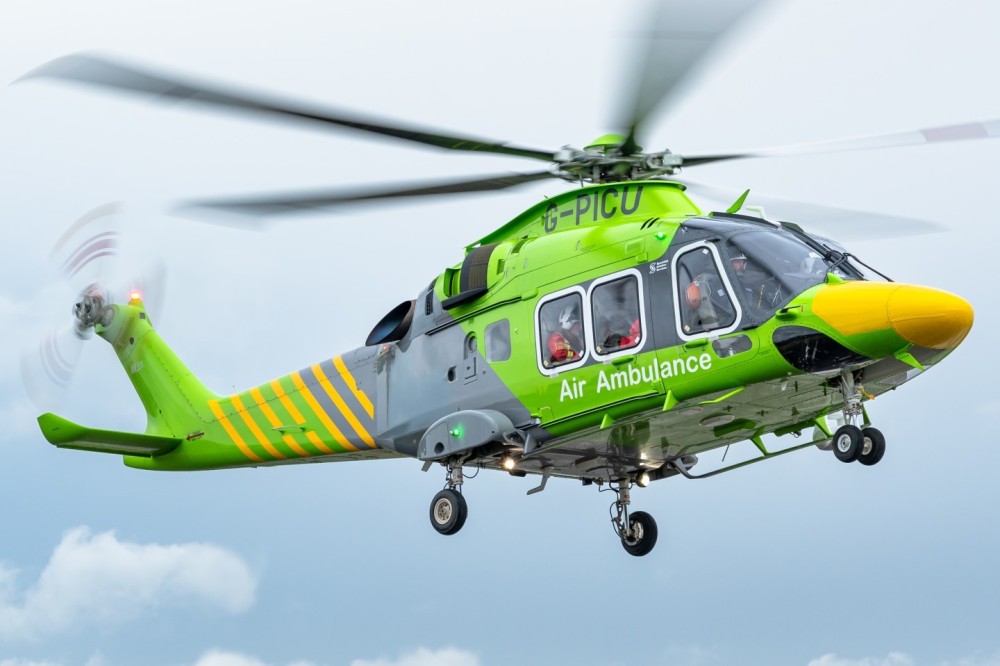 The AgustaWestland 169 air ambulance helicopter from Essex & Herts Air Ambulance departs from its homebase at the North Weald airfield in the United Kingdom.