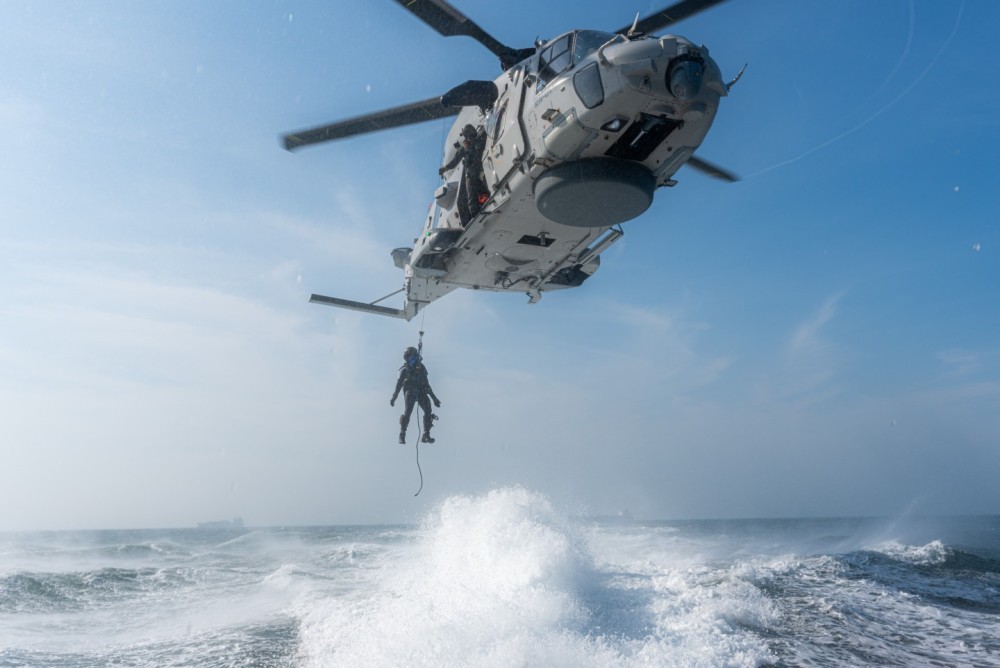 Belgian Air Force
Airbus NH09 Caiman 
Search&Rescue Heli Squadron 

SAR diver winching exercise with BRANDARIS SAR Vessel