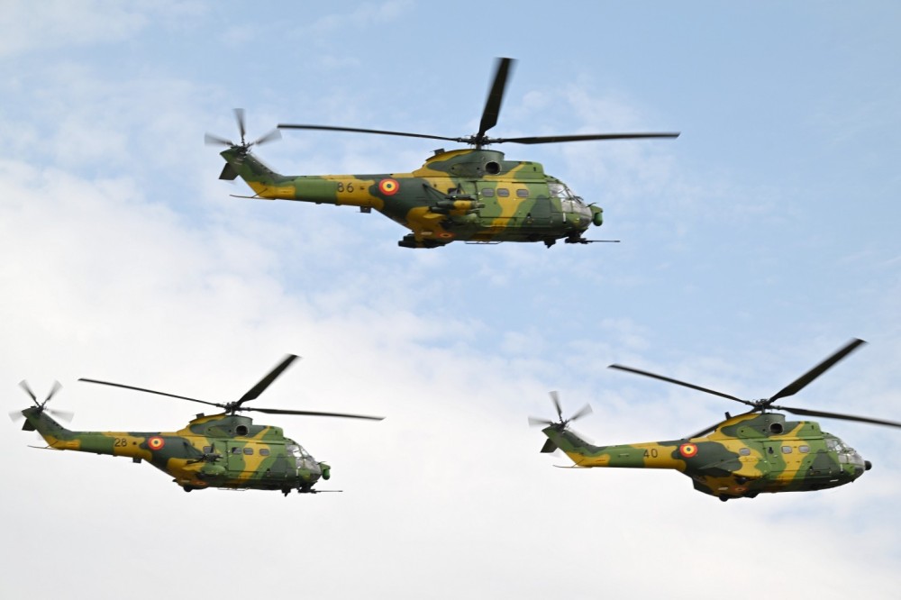 Tight formation for three IAR 330L of Romanian Air Force during BIAS 2024 (Bucharest International Air Show) the yearly exhibition held in Baneasa Airport