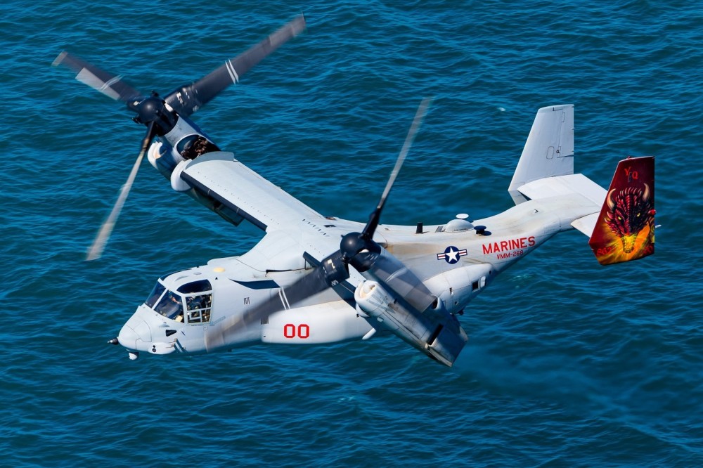 United States Marine Corps MV-22B Osprey '168621' from VMM-268 transitioning to forward flight during the 2024 Pacific Airshow Gold Coast. These aircraft were based in Australia as part of the yearly Marine Rotational Force - Darwin deployment.