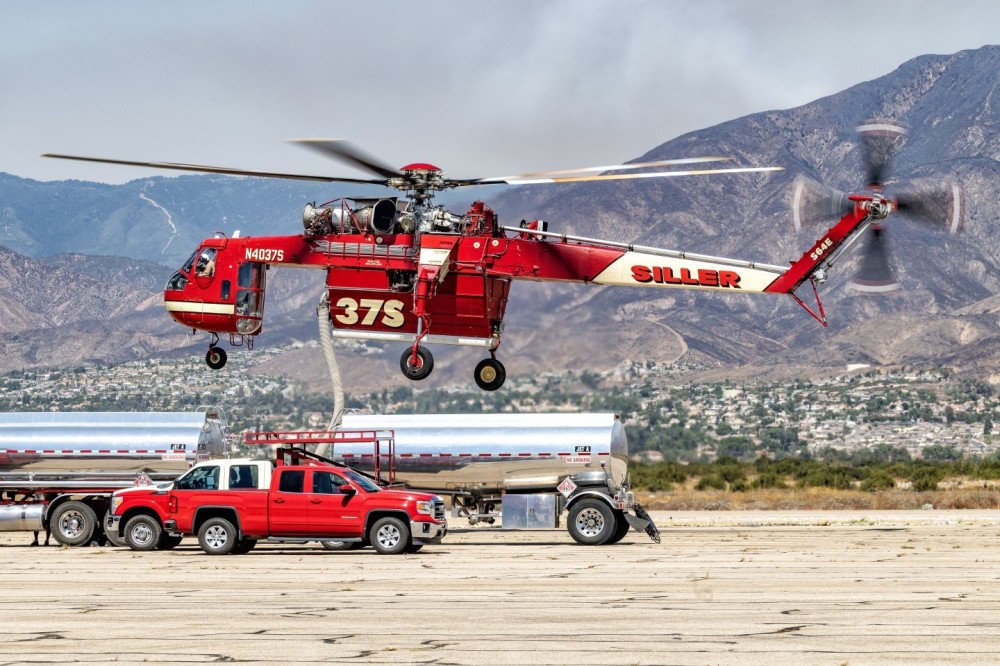 After getting permission to get on the flight line at Redlands Municipal Airport, I got in position to photograph Siller's Skycrane about to land to fill up on fuel. Siller's Skycrane was one of many helicopters fighting the Line Fire in the San Bernardino Mountains.