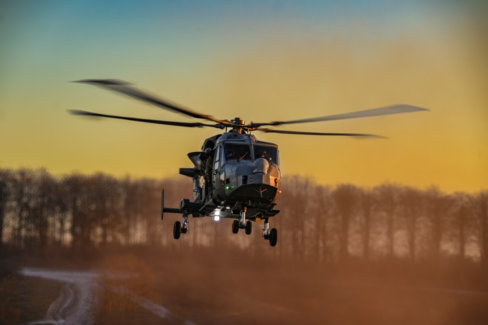 An Army Air Corps Wildcat AH1 operating on a training area at Sunset