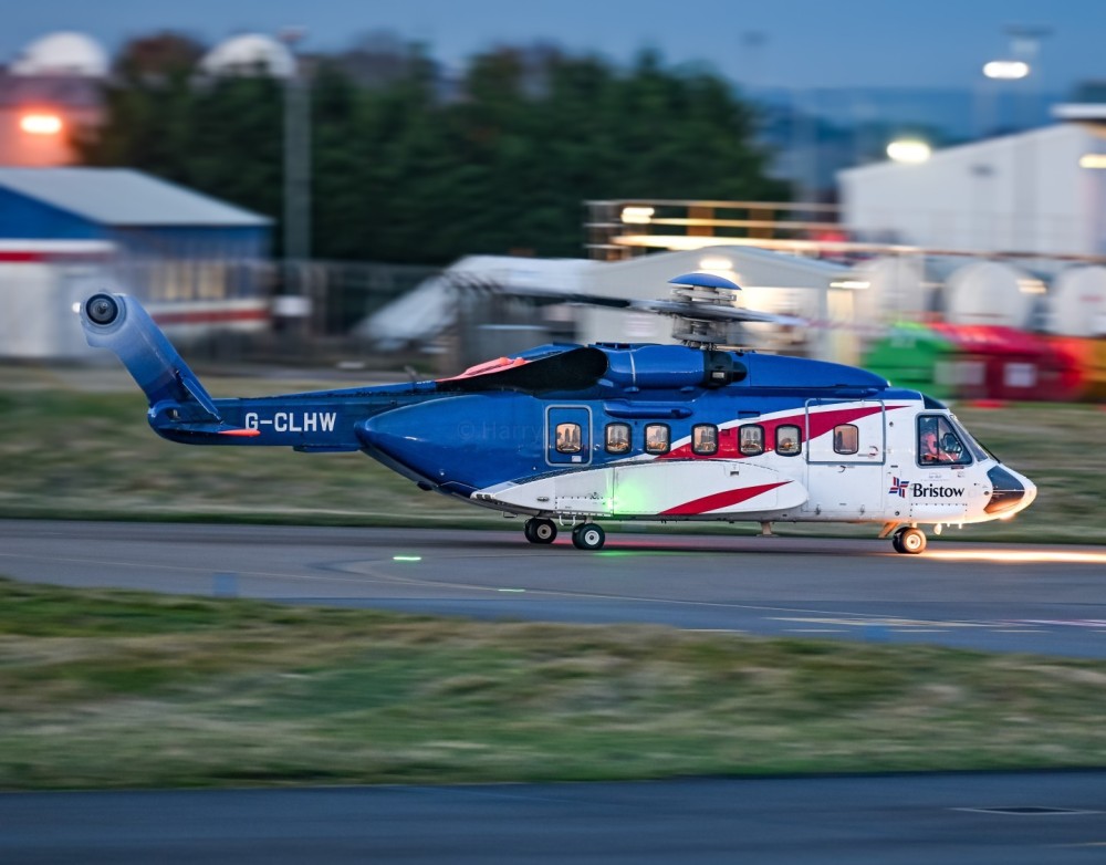 A Bristow S92 taxies out at Aberdeen for a short hop to one of the nearby oil rigs in the North Sea