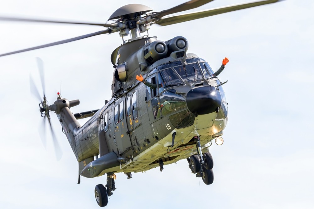 Super Puma Display Team of the Swiss Air Force during a demonstration at an open day at Bex airfield in Switzerland. 07.09.2024, Bex, Switzerland. T-313, AS.332M1, Super Puma.