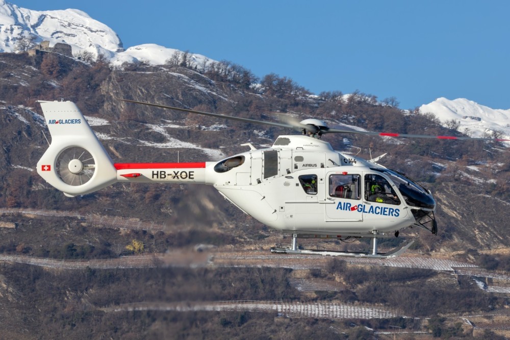 The new Air Glaciers EC135T3 departing for a rescue mission in the swiss alps. This helicopter arrived at Air Glaciers the 20 December 2024. HB-XOE, Eurocopter EC135 T3 (CPDS), s/n 1276, built in 2018. Sion airport, Switzerland, 26.12.2024.