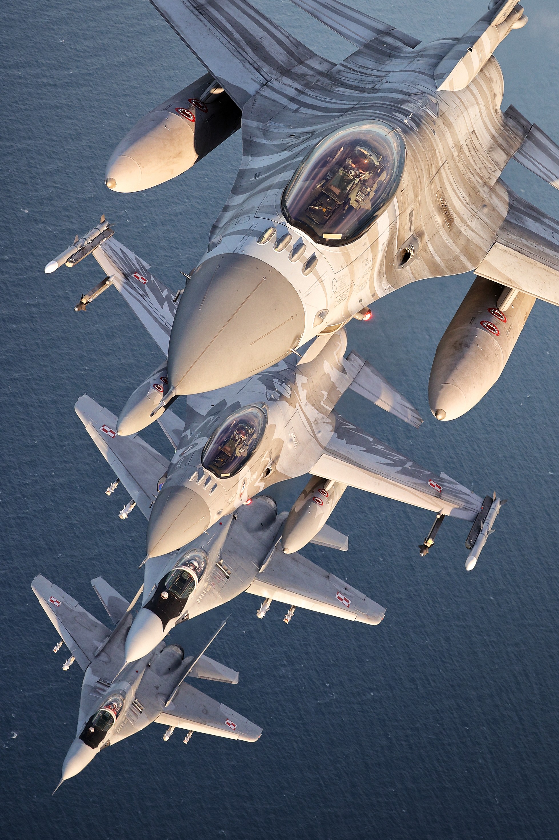 Polish fighter force at its best. Pair of F-16 from 31st Tactical Air Base (note both flag ships - Tiger and Raven jets) accompanied by MiGs-29s from 22nd Tactical Air Base. Most likely the very last air to air photo shoot of ex-German Fulcrums in Polish service.