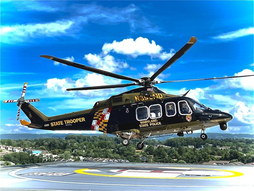 Maryland State Police Trooper 5 landing at WVU Children’s Hospital in Morgantown, West Virginia. MSP Trooper 5 is based out of Cumberland, Maryland. The Maryland State Police flies these helicopters out of 7 bases throughout the state of Maryland.