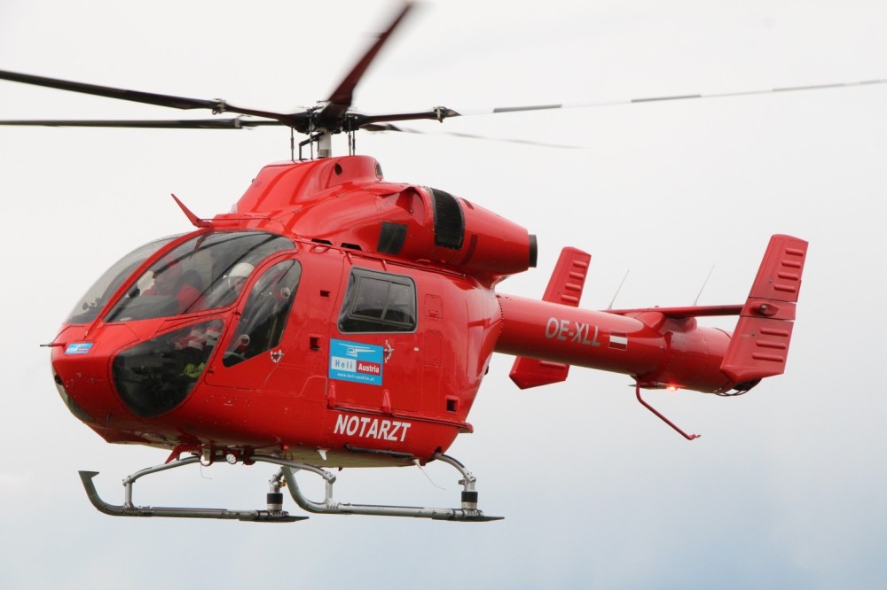 One of Heli-Austria very famous MD902 Explorer responding to a medical emergency call during a customer demo at Bad Voslau airport near Vienna (Austria).