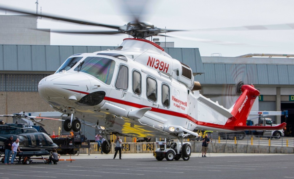 An AgustaWestland (now Leonardo) AW139 flown by Honeywell International, arrives in Anaheim, CA to be showcased on the showroom floor of the Anaheim Convention Center during an exclusive helicopter event.