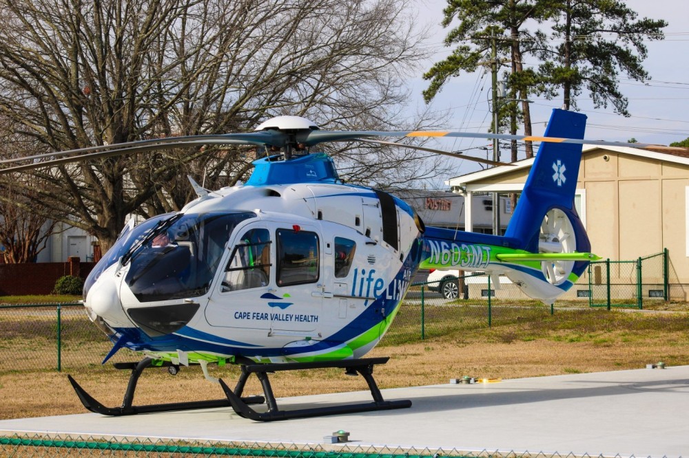 Cape Fear ValleyAir on the helipad at Lumberton Rescue. It is waiting for a patient from the hospital which is a couple of miles down the raod to be transport to another facility..