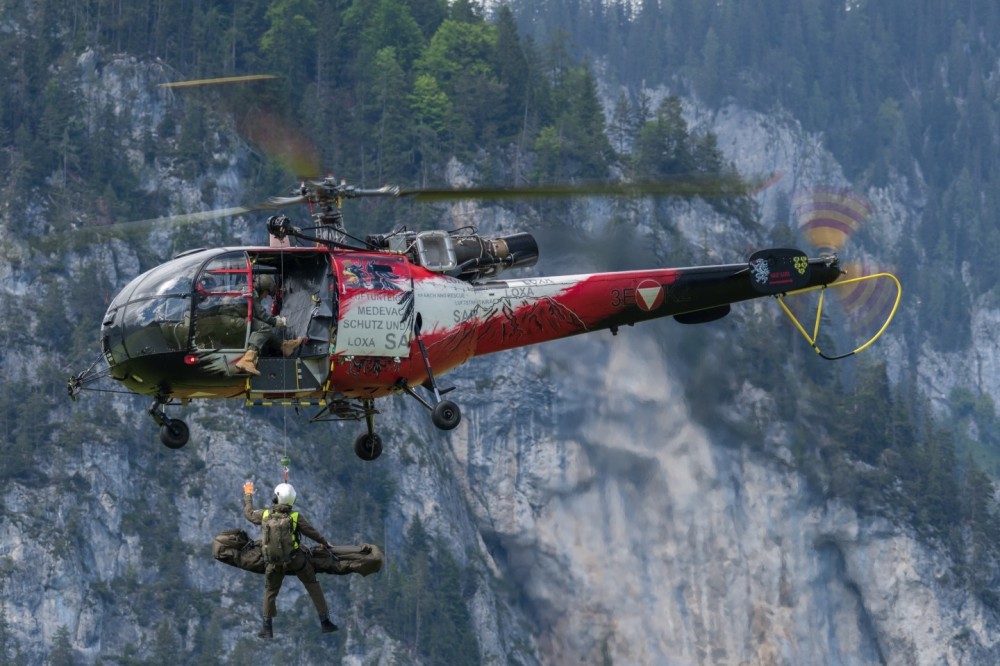 Alouette 3 of the Austrian Air Force gives a rescue demonstration during the airshow before the farewell of the Alouette 3. 
With this airshow, after 57 years of loyal service, the Alouette 3 was symbolically said goodbye within the Austrian Air Force